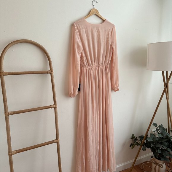 NWT LULU'S Wondrous Water Lilies Blush Pink Long SleeveMaxi Dress With Leg Slit - Picture 5 of 9